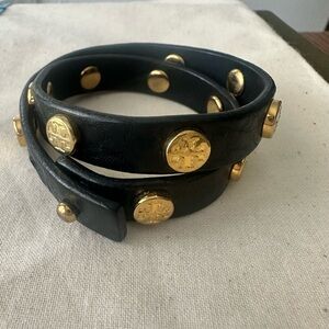 Tory Burch Black and Gold Wrap Leather Bracelet